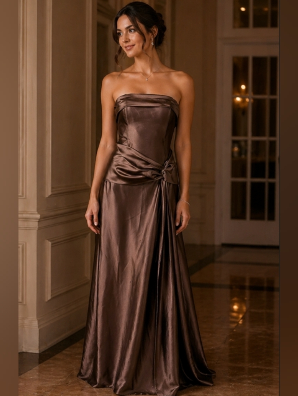Vintage Juno Strapless Satin Gown Warm Brown Formal Dress with Shawl